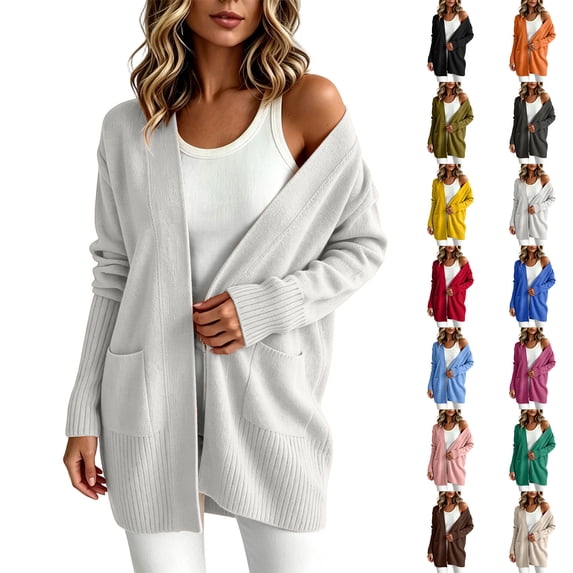 Plus Size Sweaters For Women Women's Casual Solid Outfits Knit Open Front Sweaters Long Sleeve Cardigan Outerwear Coats With Pocket White M
