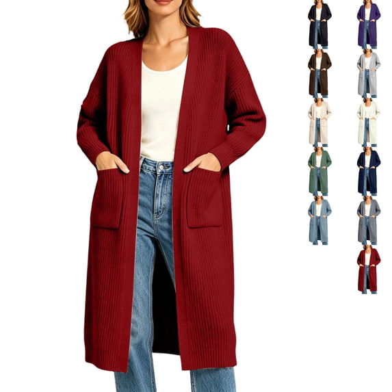 Plus Size Sweaters For Women Women's Long Knee Length Pocket Sweater Cardigan For Winter Red XXL