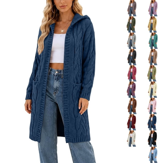 Plus Size Sweaters For Women Women's Casual Solid Outfits Knit Open Front Hooded Sweaters Long Sleeve Cardigan Outerwear Coats With Pocket Dark Blue XL