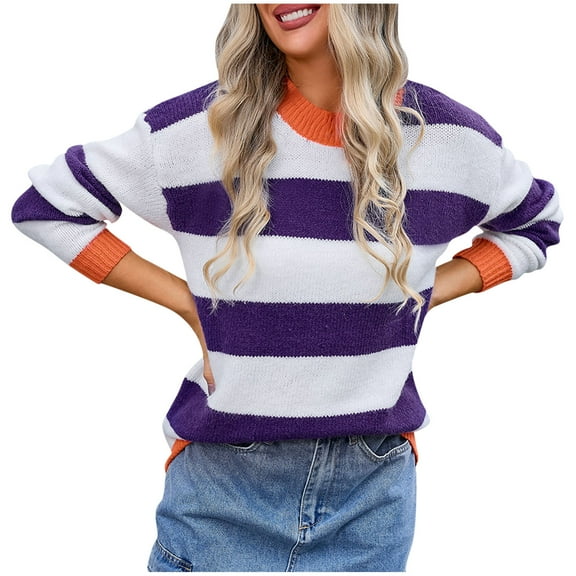 Plus Size Sweaters for Women,Plus Size Clothes for Women,Round Neck Striped Plus Size Patchwork Knit Sweater Long Sleeved,Long Sweaters for Women
