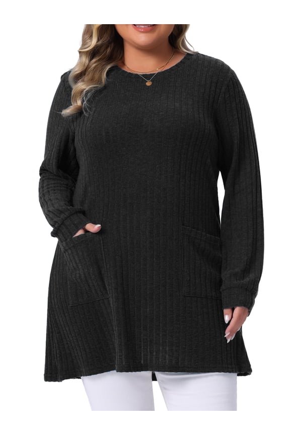 Plus Size Sweaters for Women Round Neck Long Sleeve Ribbed Knit Loose Pocket Pullover Top 1X Black