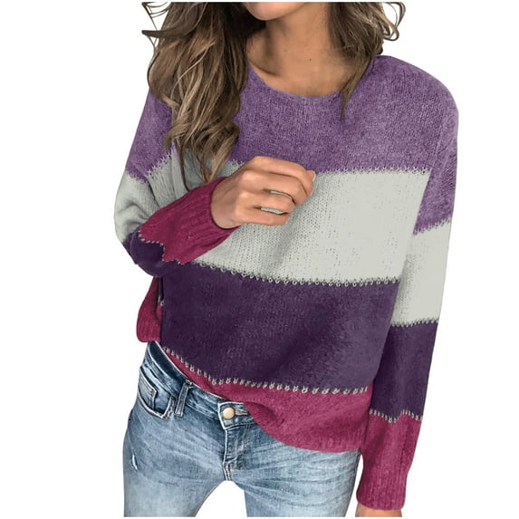 Plus Size Sweaters for Women S-5XL Color Block Striped Pullover Jumpers Long Sleeve Crew Neck Warm Cozy Tops (2XL, Purple)