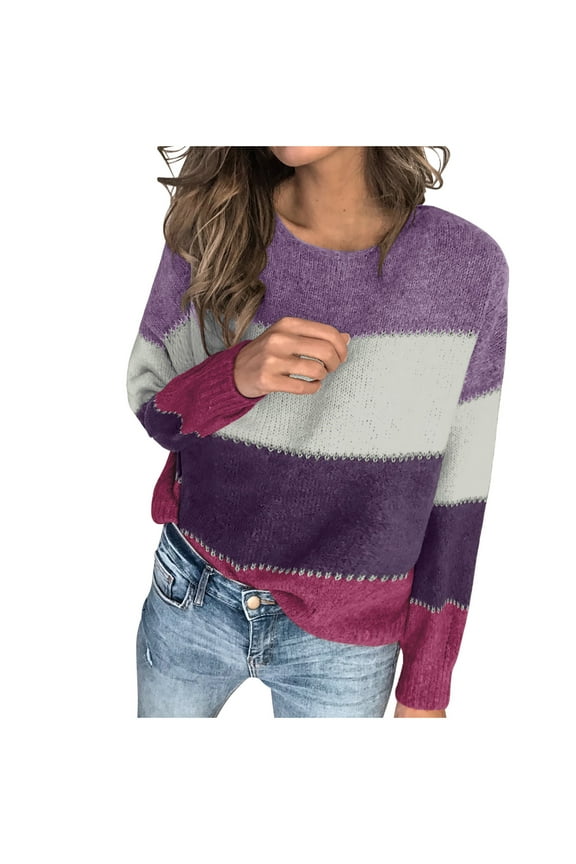Plus Size Sweaters for Women S-5XL Color Block Striped Pullover Jumpers Long Sleeve Crew Neck Warm Cozy Tops (4XL, Purple)