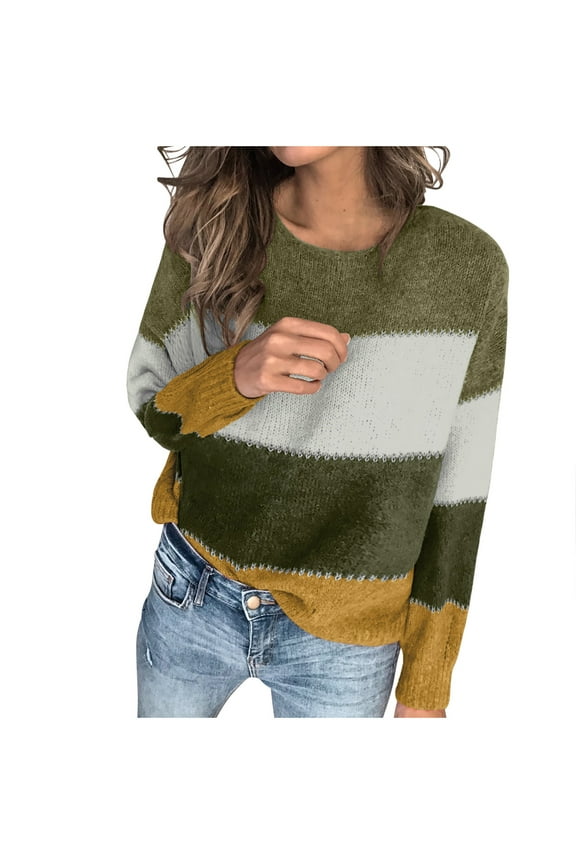 Plus Size Sweaters for Women S-5XL Color Block Striped Pullover Jumpers Long Sleeve Crew Neck Warm Cozy Tops (S, Green)
