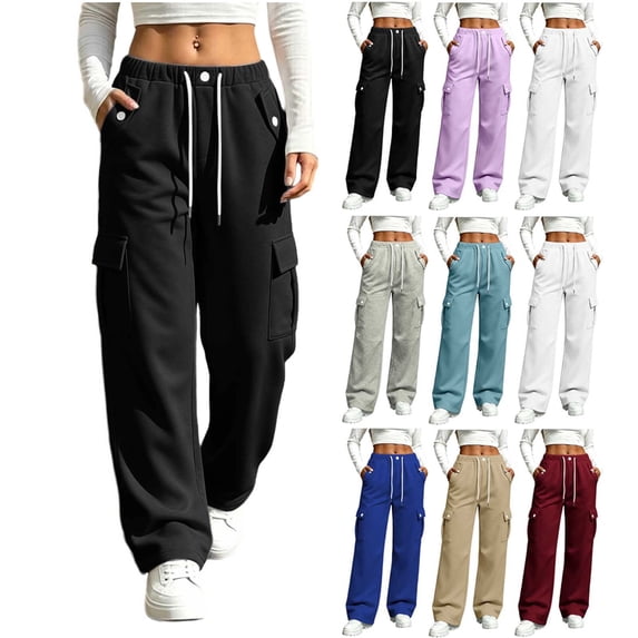 Plus Size Sweatpants for Women Elastic Waist Drawstring Wide Leg Casual Solid Color Sweatpants Cuffed Side Pockets Pants