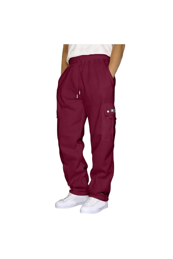 Plus Size Sweatpants for Women Tie Waist Straight Wide Leg Cargo Pants Side Pocket Loose Casual Fall Bottoms Outfits, Wine, 4XL