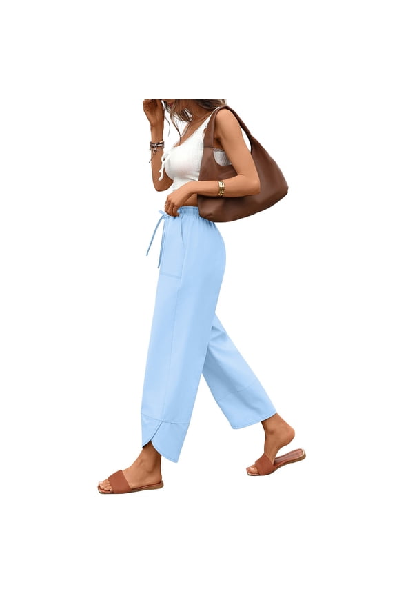 Plus Size Sweatpants for Women Womens Baggy Wide Leg Pants Drawstring Elastic Waisted Casual Cotton Linen Summer Beach Trousers Light Blue M