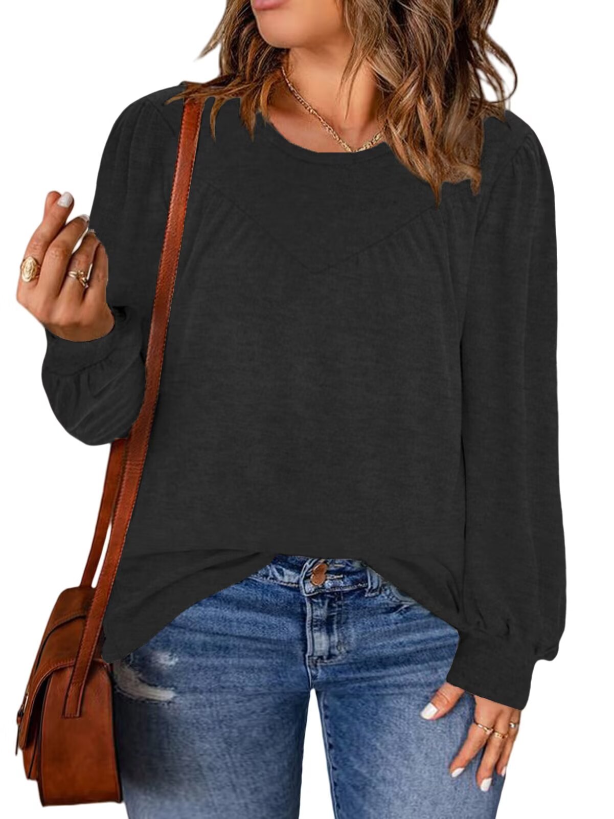 DOLNINE Plus Size Tops For Women - Casual Pleated Blouse, Long Sleeve Crewneck