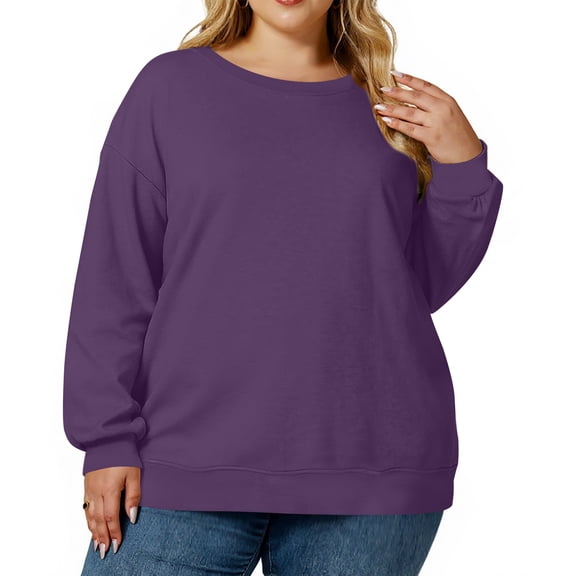 Plus Size Sweatshirt for Women Oversized Crewneck Long Sleeve Pullover Tops Solid Color for Casual Loungewear,Purple,L