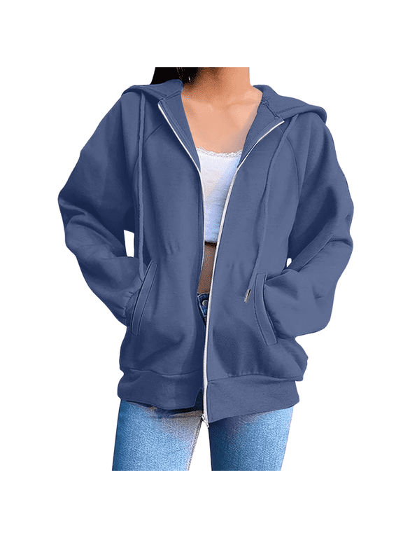 Plus Size Sweatshirt for Women Solid Color Zip up Hoodies Long Sleeve Fall Oversized Warm Sweatshirts Cozy Casual Hooded Jacket with Pockets