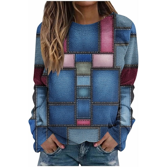 Plus Size Sweatshirt for Women Vintage Plaid Print Hoodless Shirts Crewneck Comfy Trendy Long Sleeve Tunic Pullover