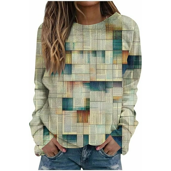 Plus Size Sweatshirt for Women Vintage Plaid Print Hoodless Shirts Crewneck Comfy Trendy Long Sleeve Tunic Pullover