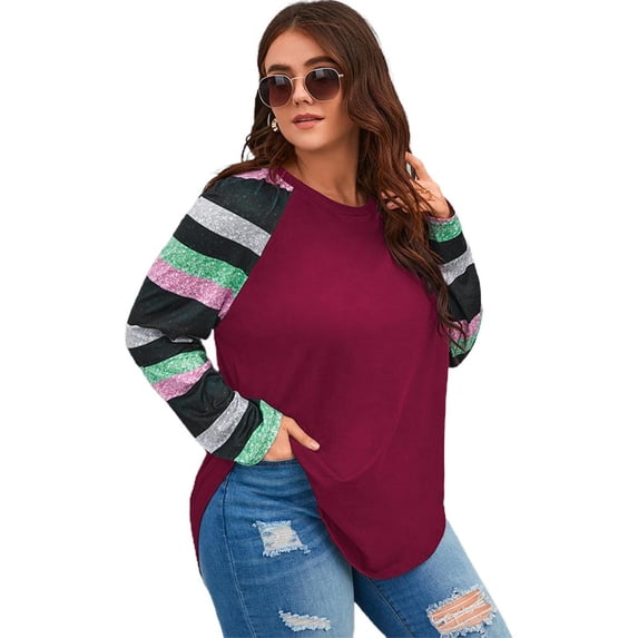 Plus Size Sweatshirt for Womens Long Sleeve T Shirts Color Block Crewneck Fall Tunic Tops Fitted Shirts Casual Basic Tee