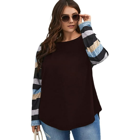 Plus Size Sweatshirt for Womens Long Sleeve T Shirts Color Block Crewneck Fall Tunic Tops Fitted Shirts Casual Basic Tee
