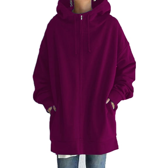 Plus Size Sweatshirts for Women Casual Zip Up Hoodies Tunic Long Jacket Outerwear with Pockets Rose Red 2XL