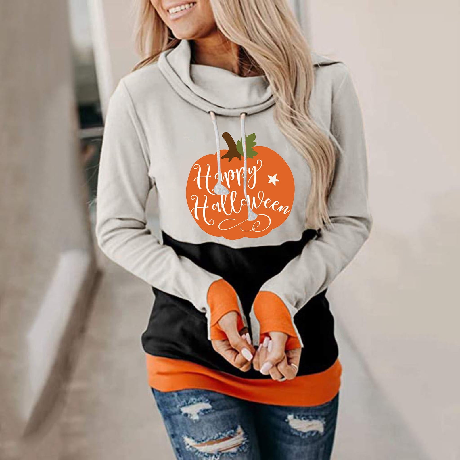 Womens Halloween Sweatshirt Pumpkin Printed Long Sleeve Pile Collar
