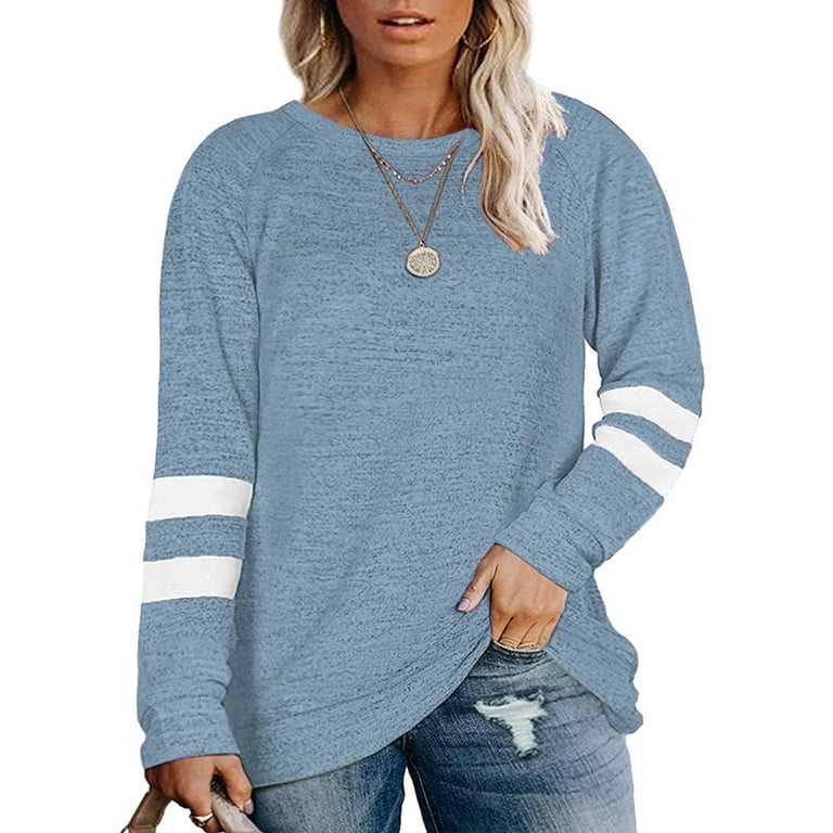 Plus Size Sweatshirts for Women Color block Crewneck Tunic Striped Tops Long  Sleeve Shirts for Leggings 