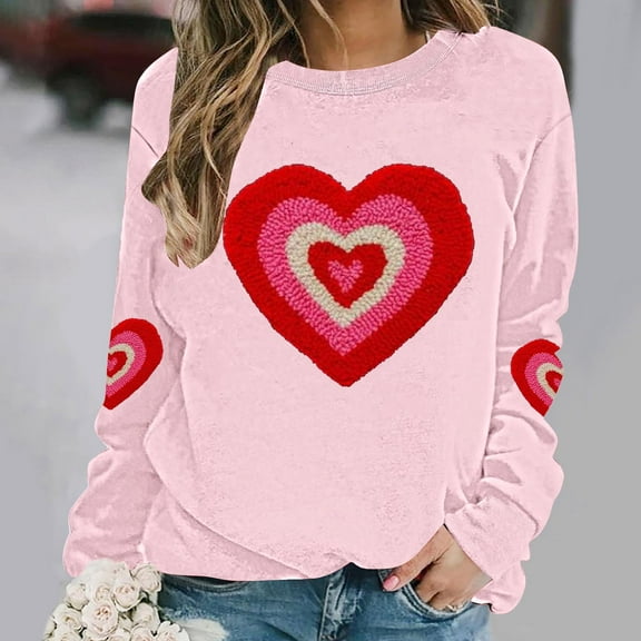 Plus Size Sweatshirts for Womens Valentine's Love Heart Printed Shirts Long Sleeve Round Neck Blouses Valentine's Day Sweater Pullover Tops