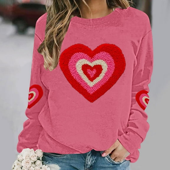 Plus Size Sweatshirts for Womens Valentine's Love Heart Printed Shirts Long Sleeve Round Neck Blouses Valentine's Day Sweater Pullover Tops