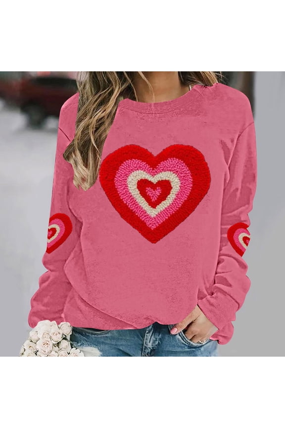 Plus Size Sweatshirts for Womens Valentine's Love Heart Printed Shirts Long Sleeve Round Neck Blouses Valentine's Day Sweater Pullover Tops