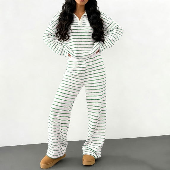 Plus Size Sweatsuit Fashion Women Striped Knit Loungewear Outfits Long Sleeve Sweater Tops Long Pants Casual Sets Green XXL