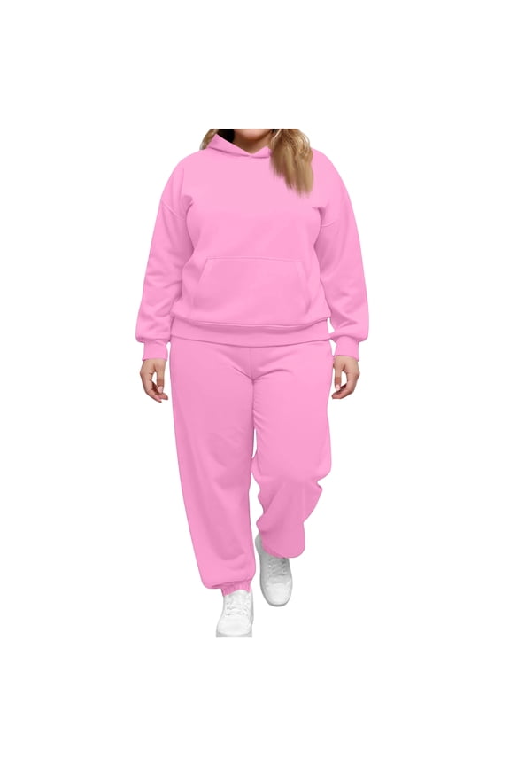 Plus Size Sweatsuits Set for Women 2 Piece Velour Tracksuit Fall Outfit Pullover Hoodie and Sweatpants with Pockets Pink M