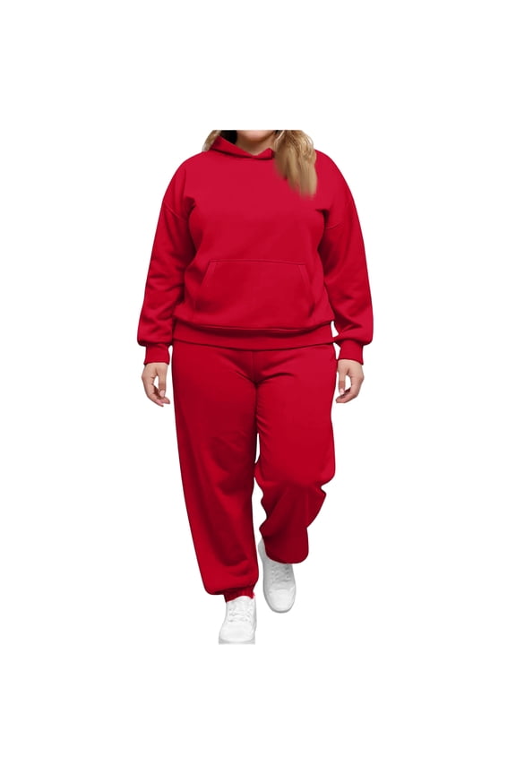 Plus Size Sweatsuits Set for Women 2 Piece Velour Tracksuit Fall Outfit Pullover Hoodie and Sweatpants with Pockets Red S