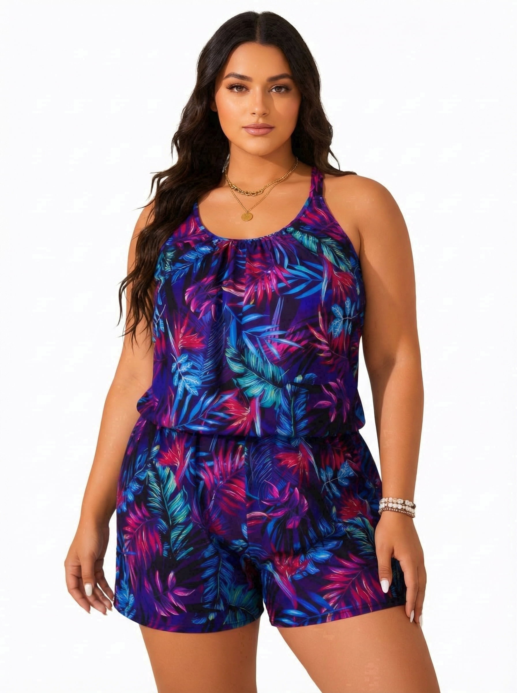 Plus Size Swim Romper Modest Swimsuits for Women One Piece Bathing Suit Shorts Swim Suit with Pockets