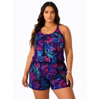 Plus Size Swim Romper Modest Swimsuits for Women One Piece Bathing Suit Shorts Swim Suit with Pockets