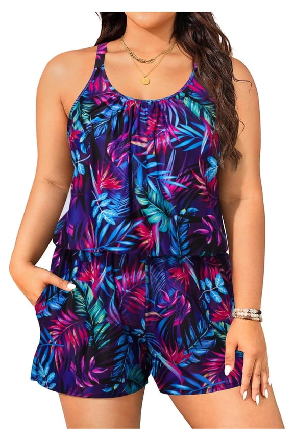 Plus Size Swim Romper Women One Piece Swimsuit with Shorts Modest Bathing Suit; UPF 50+ Sun Protection, Pockets, Comfortable Athletic Swimwear for Beach, Pool