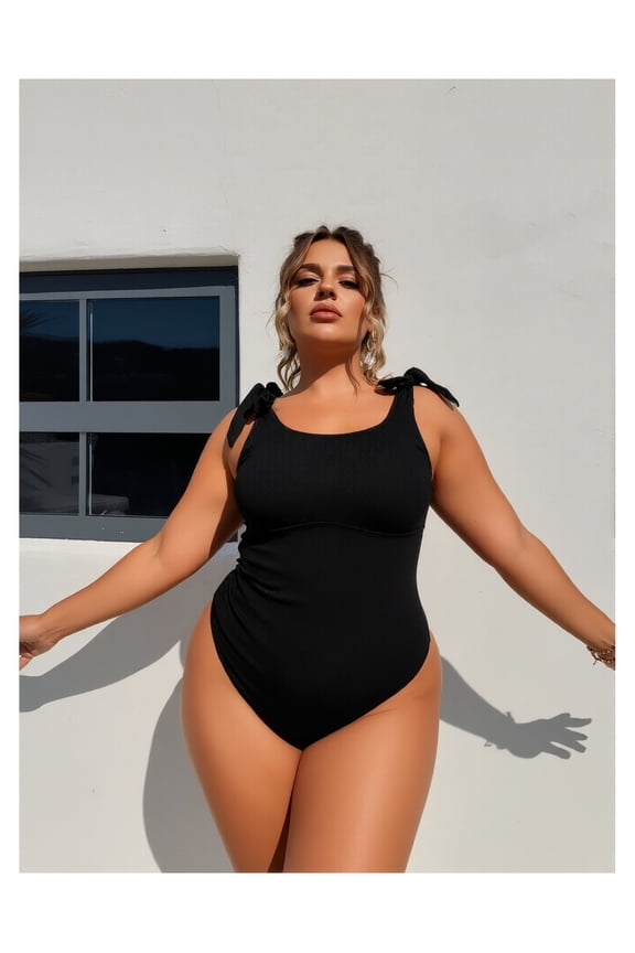 Plus Size Swimsuit Black - Ribbed One Piece Bathing Suit for Women with Bow Detail, Stretchy Polyester Swimwear for Beach, Pool, & Vacation
