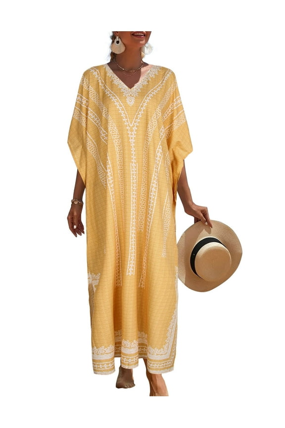Plus Size Swimsuit Cover Up for Women Vintage Print Bathing Suit Cover Ups Casual Boho Kaftan Swimwear Beach Coverup Shermie