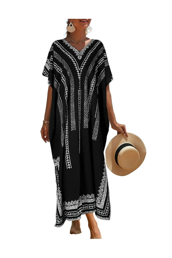 Plus Size Swimsuit Cover Up for Women Vintage Print Bathing Suit Cover Ups Casual Boho Kaftan Swimwear Beach Coverup Shermie