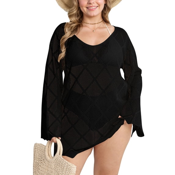 Plus Size Swimsuit Cover Ups for Women Boat Neck Crochet Cover Up Long Sleeve Sheer Beach Tunic Bathing Suit Cover Up Alsol Lamesa XL-5XL