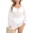 thumbnail image 1 of Plus Size Swimsuit Cover Ups for Women Boat Neck Crochet Cover Up Long Sleeve Sheer Beach Tunic Bathing Suit Cover Up Alsol Lamesa XL-5XL, 1 of 6
