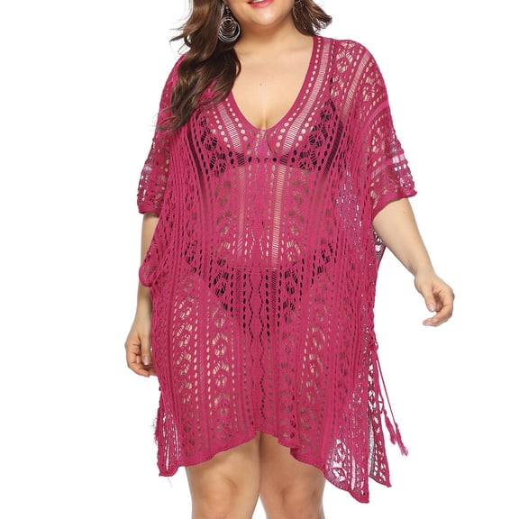 Plus Size Swimsuit Cover Ups for Women,Short Sleeve Crochet Knit Hollow Out V-Neck Loose Beach Swimwear