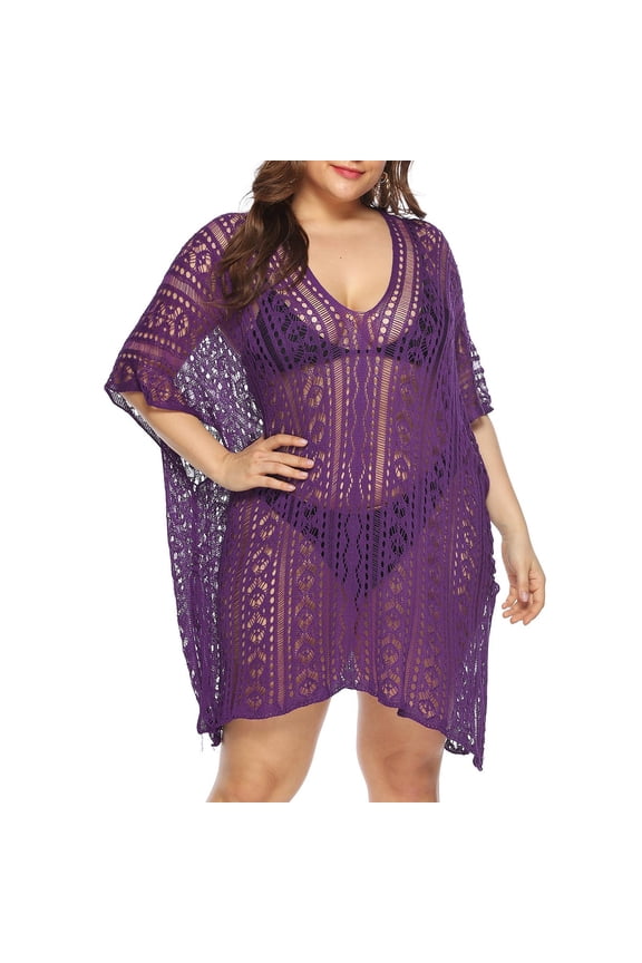 Plus Size Swimsuit Cover Ups for Women,Short Sleeve Crochet Knit Hollow Out V-Neck Loose Beach Swimwear