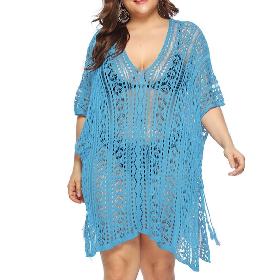 Plus Size Swimsuit Cover Ups for Women,Short Sleeve Crochet Knit Hollow Out V-Neck Loose Beach Swimwear