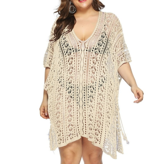 Plus Size Swimsuit Cover Ups for Women,Short Sleeve Crochet Knit Hollow Out V-Neck Loose Beach Swimwear