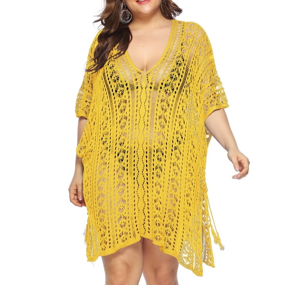 Plus Size Swimsuit Cover Ups for Women,Short Sleeve Crochet Knit Hollow Out V-Neck Loose Beach Swimwear