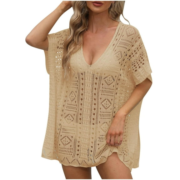 Plus Size Swimsuit Coverup for Women Elegant Knit Crochet Bathing Suit Cover Ups Hollow Out Outfits Beach Tops