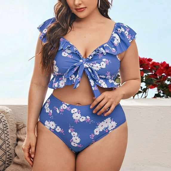 Plus Size Swimsuit For Women'S Printed Ruffle Two Pieces Swimsuit Bathing Suit Plus Size Swimmwear Women'S Bikini Swimsuits Polyester Blue 2Xl