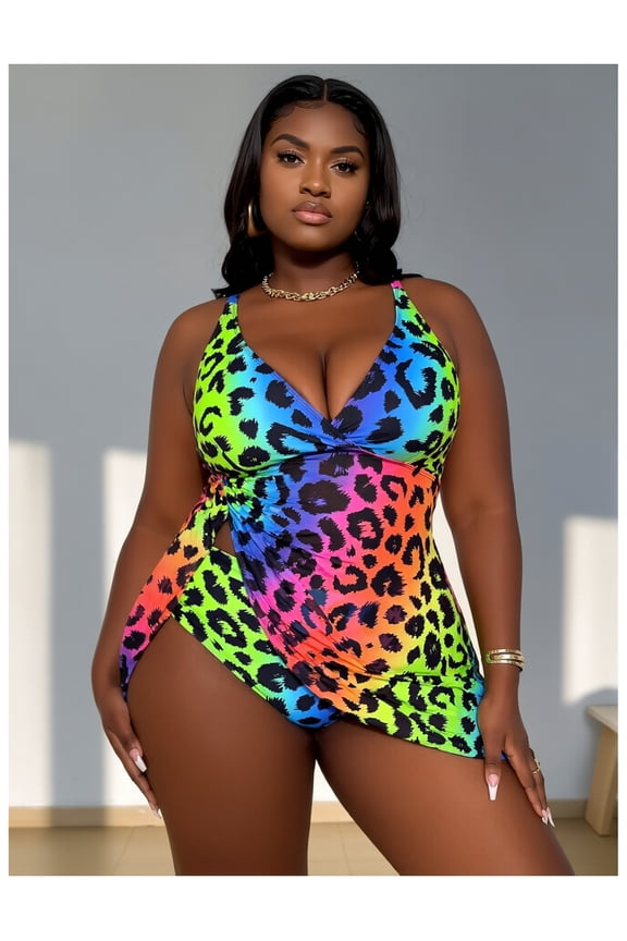 Plus Size Swimsuit - Rainbow Leopard Halter Bathing Suit for Women; High Waist Cutout One Piece Swimwear; Stretchy Polyester Comfortable Beach Pool Swimsuits