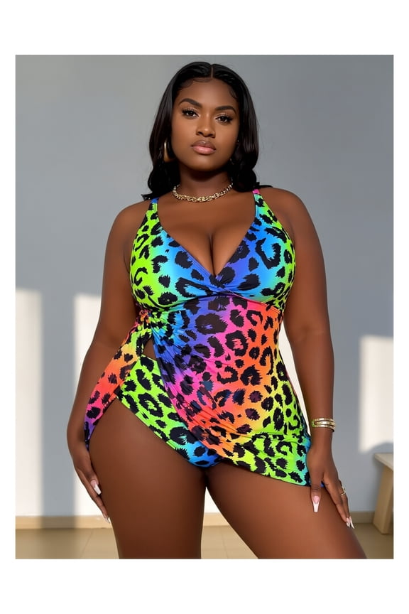 Plus Size Swimsuit - Rainbow Leopard Halter Bathing Suit for Women - High Waist Cutout Swimwear - Curve & Plus Size Swimsuits - Flattering Beach Wear