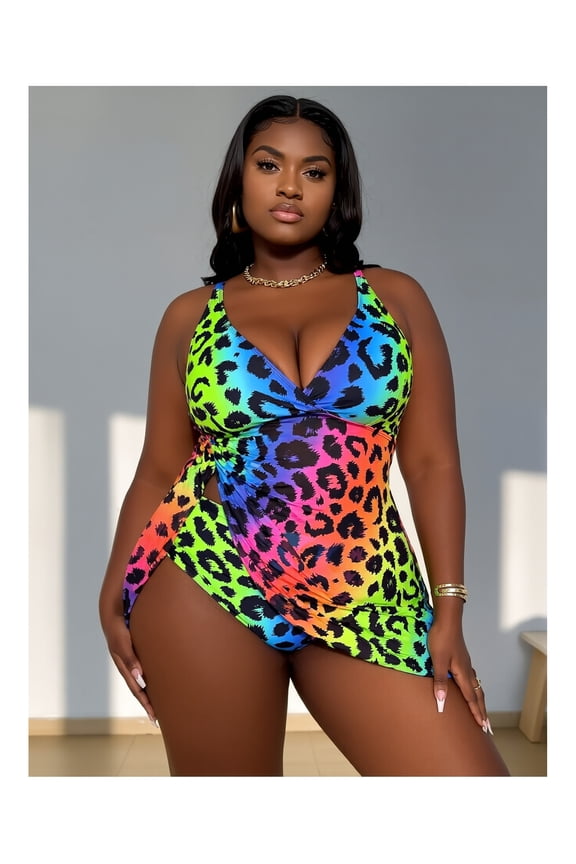 Plus Size Swimsuit - Rainbow Leopard Halter Bathing Suit for Women; High-Waisted Cutout One Piece Swimwear; Comfortable & Stretchy Polyester Swimsuit