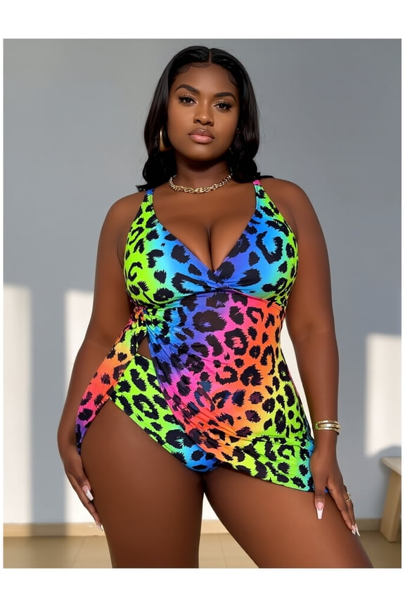 Plus Size Swimsuit - Rainbow Leopard Halter Bathing Suit for Women - High Waisted Cutout Swimwear - Curve & Soft Fabric - Beach Pool Vacation
