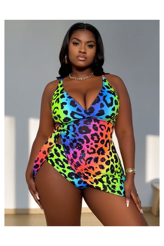 Plus Size Swimsuit Rainbow Leopard Print - Halter Bathing Suit for Women, High Cut One Piece Swimwear, Stretchy Swimsuits for Curvy Figure, Sexy Cutout Swimsuit