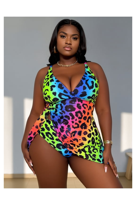 Plus Size Swimsuit Rainbow Leopard Print - Halter Bathing Suit for Women, High-Waisted Cutout One Piece Swimwear, Curve & Soft Fabric, Summer Beach Pool