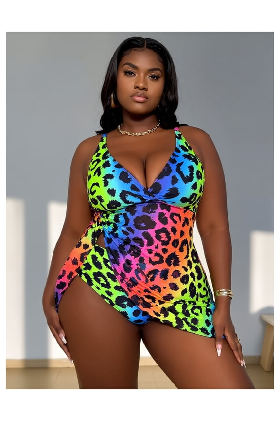 Plus Size Swimsuit Rainbow Leopard Print - Halter Bathing Suit for Women, High-Waisted Cutout One Piece Swimwear, Stretchy Polyester Swimsuits for Curves