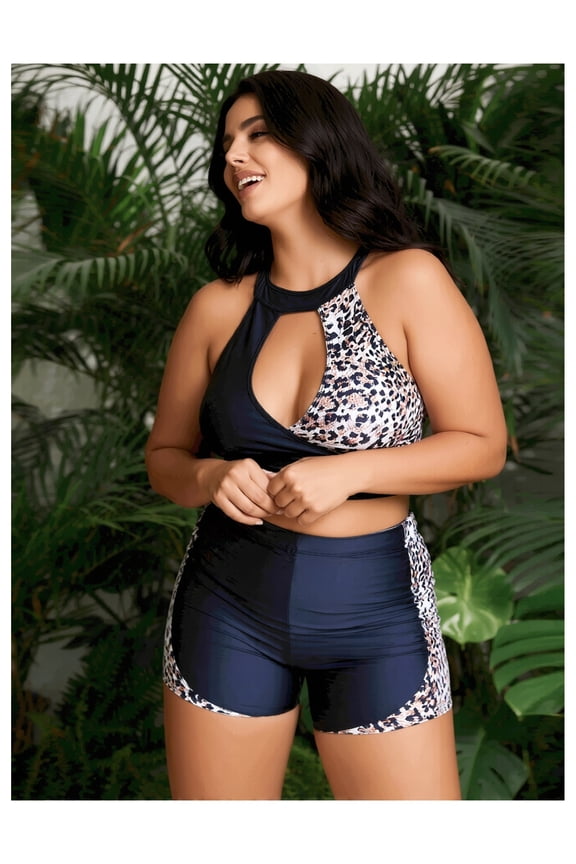 Plus Size Swimsuit Women 2 Piece Leopard Print Halter Bathing Suit High Waisted Swim Shorts Cutout Swimwear Tropical Vacation Summer Beach Outfits